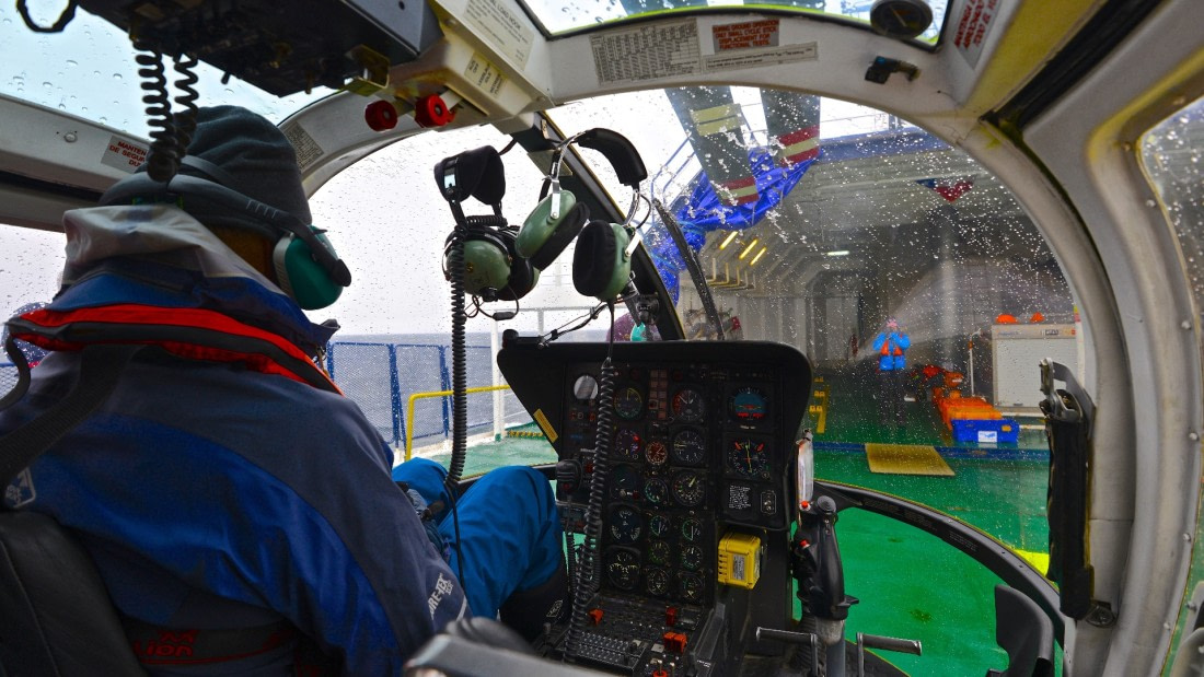 inside helicopter, M/V Ortelius