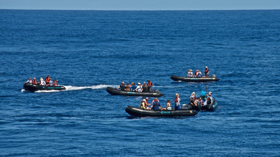Zodiacs crossing equation, M/V Plancius, atlantic odyssey 2017