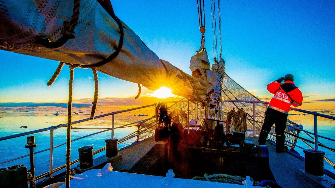 Crew working w/bridge navigating ice field. Svalbard to greenland 8/2018