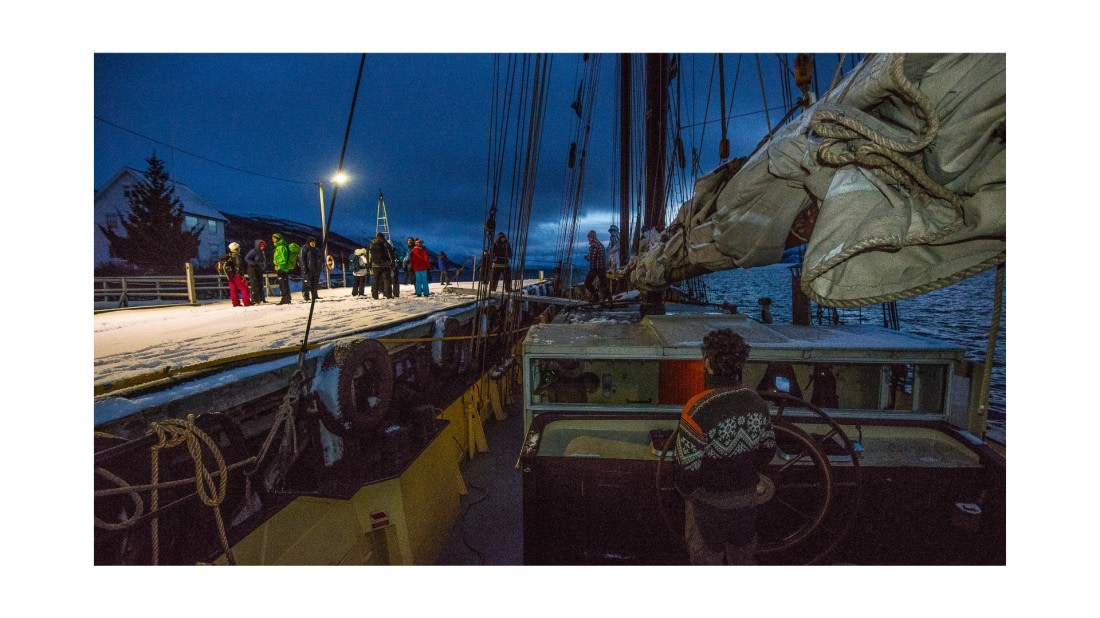 Hikers, Finnkroken,No.  snowshoes & crampons in backpacks, s/v Nooderlicht, whales & auroras 12/2017