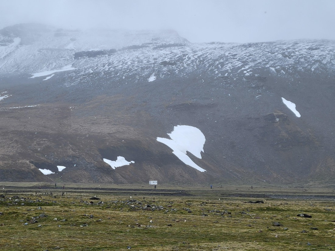 Snow makes a face on the mountain at St. Andrew Bay