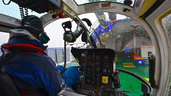 inside helicopter, M/V Ortelius
