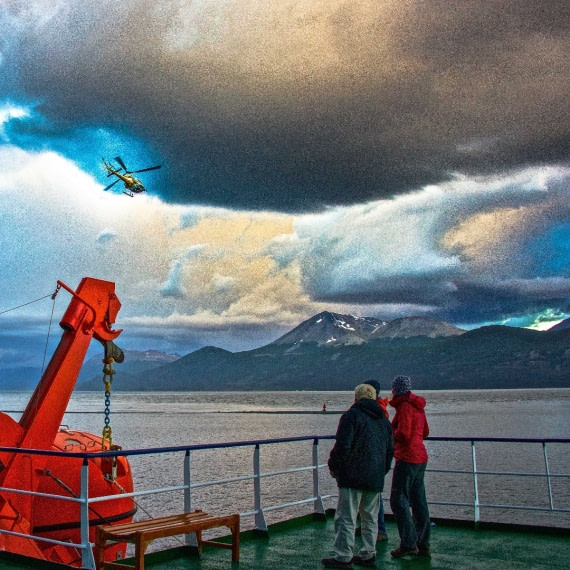 helicopter circling M/V Ortelius