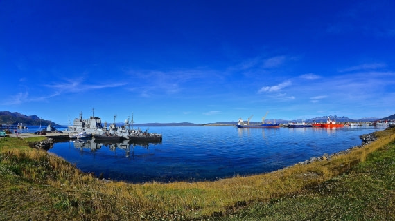 Argentina navy on left, M/V PLancius on right (middle ship) ushuaia pier, atlantic odyssey mar/apx 2017