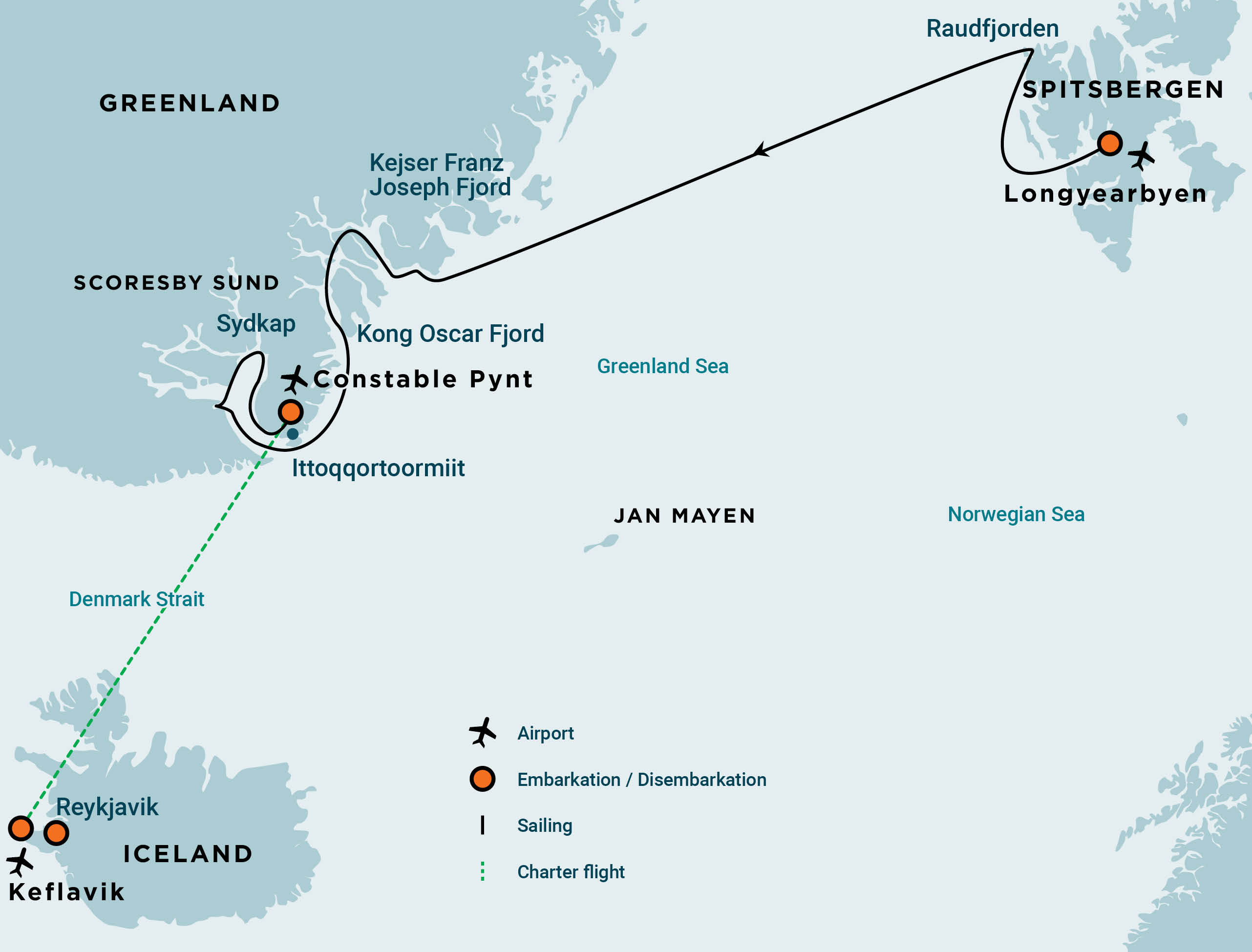 Route of Spitsbergen - Northeast Greenland, Fly & Sail