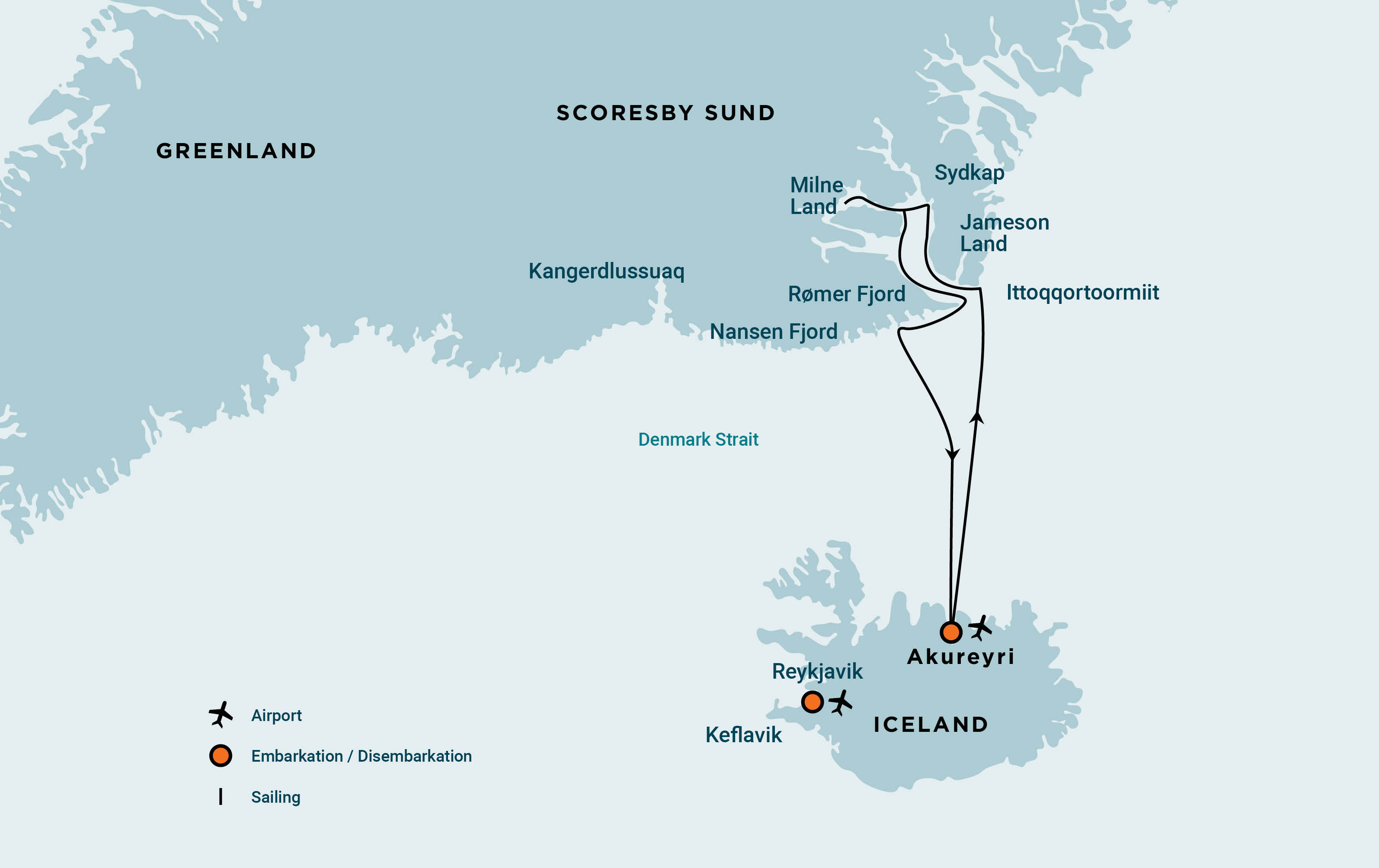 East Greenland, Scoresby Sund, Including Long Hikes Itinerary Map