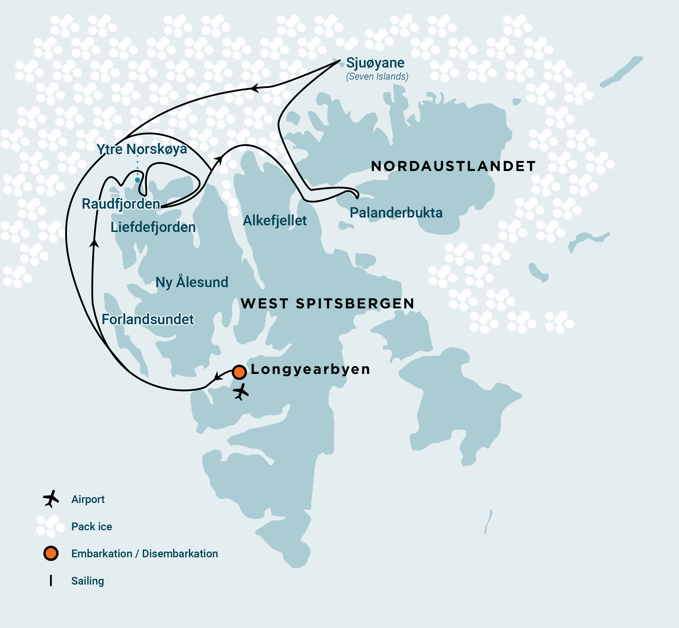 Route of North Spitsbergen Explorer - Versatile landscapes, sea ice & wildlife - Summer Solstice