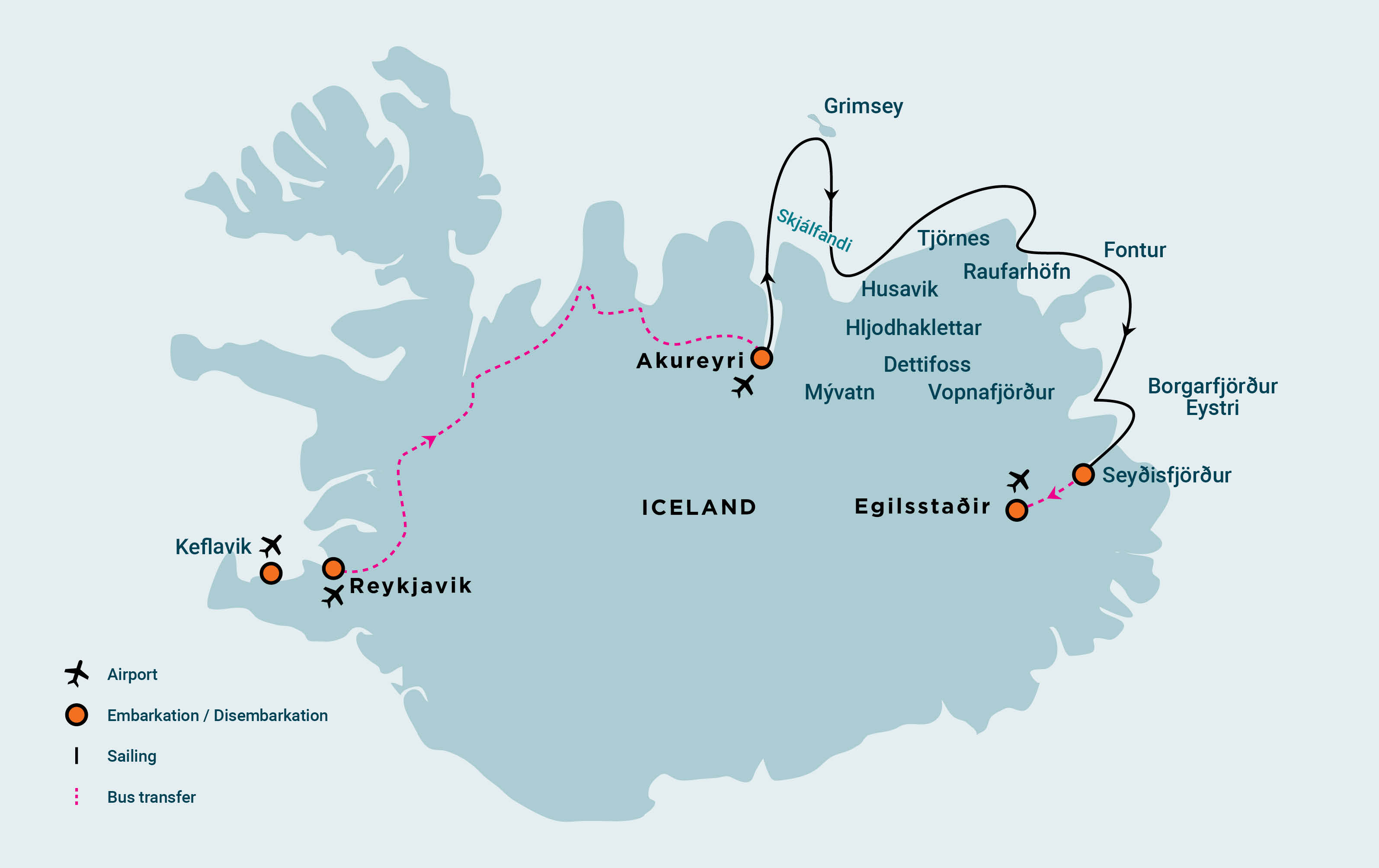 Route of Northeast Iceland Explorer, Aurora Borealis, Hike & Sail - Incl. Bus back up