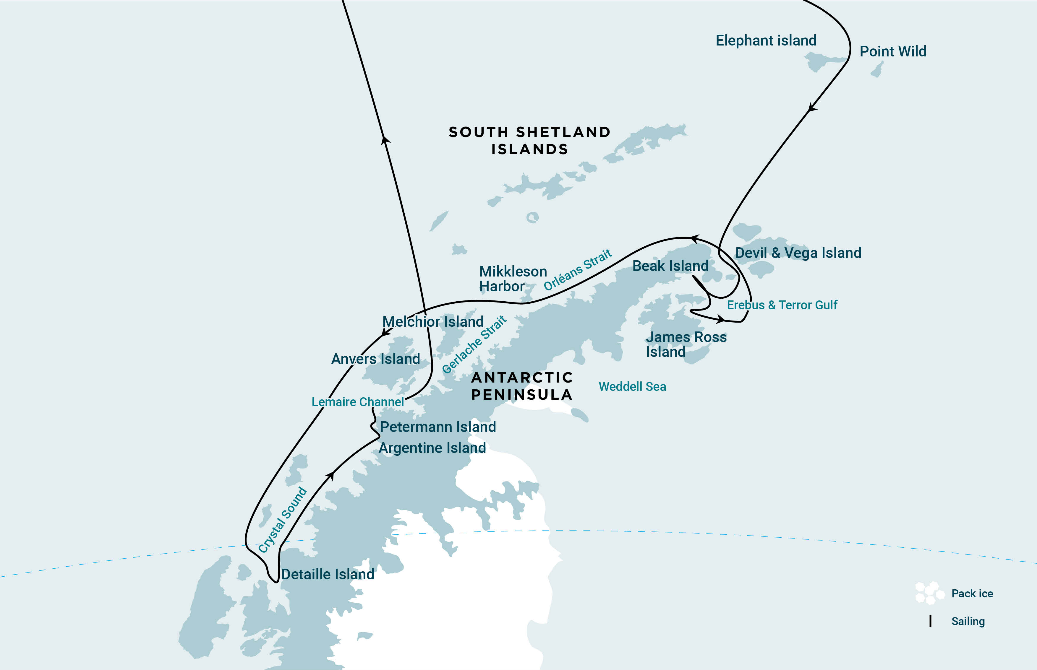 Route of Antarctica - Elephant Island, Weddell Sea, Polar Circle
