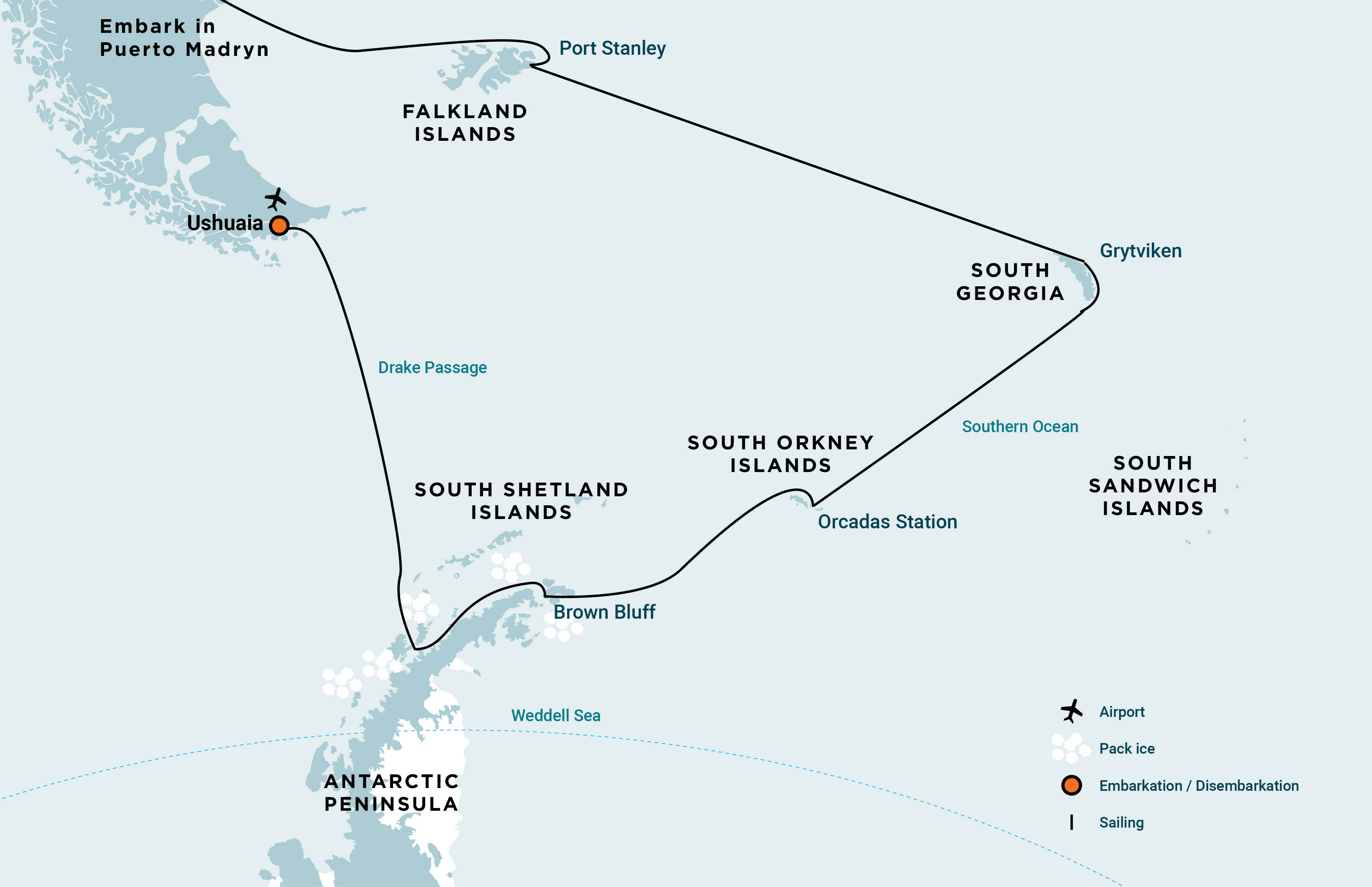 Route of Falkland Islands, South Georgia & Antarctic Peninsula